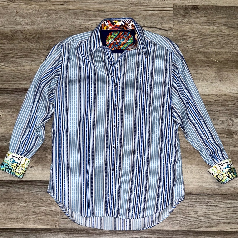 Robert Graham Men's Shirt Flip Cuff - Blue * Size Medium *Knowledge Wisdom Truth